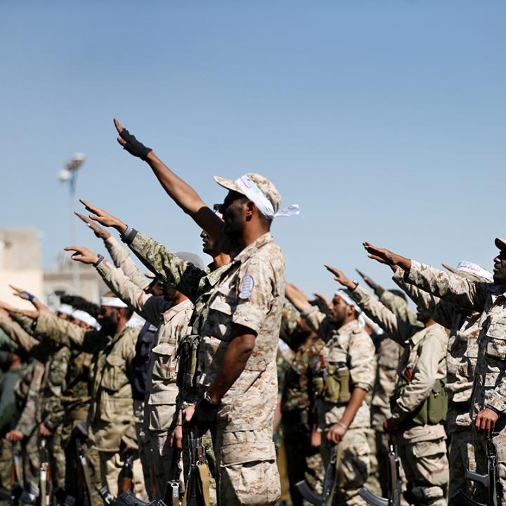 Houthi fighters rally in Sanaa, Yemen