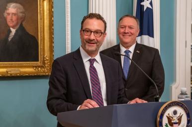 Assistant secretary of state David Schenker speaks at the Department of State in Washington, DC, alongside secretary of state Mike Pompeo