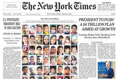 New York Times front page depicting Palestinian casualties of the 2021 Gaza conflict