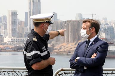 Frech president Emmanuel Macron inspects the site of the Beirut port explosion