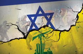 Israeli flag, Hezbollah flag, implied Lebanon border