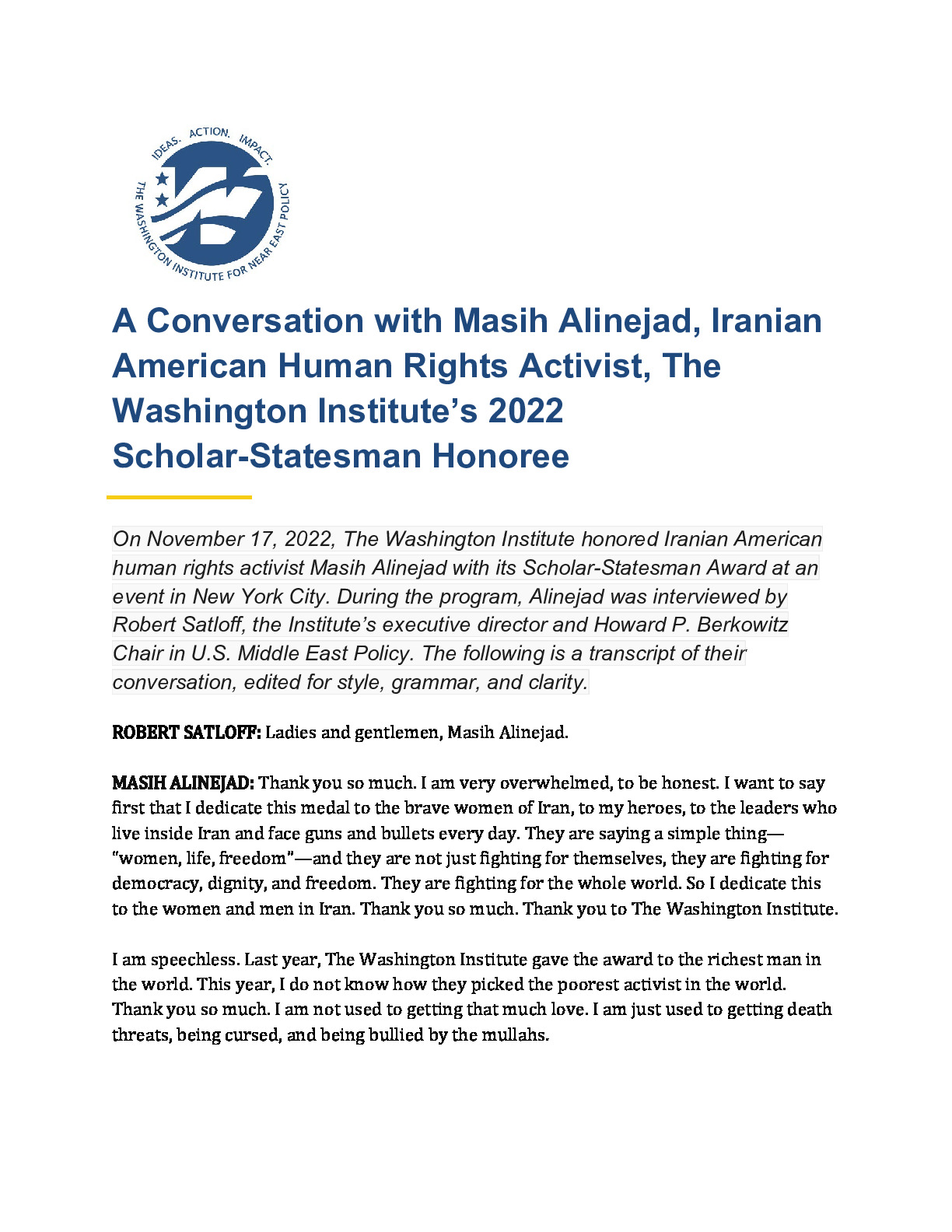 Masih Alinejad Scholar-Statesman Award Transcript
