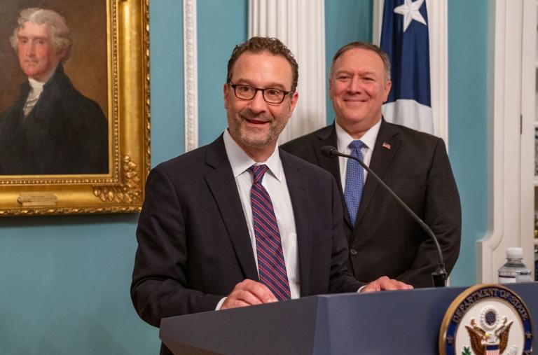 Assistant secretary of state David Schenker speaks at the Department of State in Washington, DC, alongside secretary of state Mike Pompeo