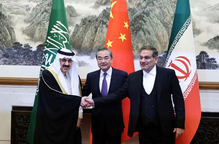Wang Yi, director of China's Office of the Central Foreign Affairs Commission, Ali Shamkhani, secretary of Iran’s Supreme National Security Council, and Minister of State and national security adviser of Saudi Arabia Musaad bin Mohammed Al Aiban shake hands in Beijing in March 2023 - source: Reuters