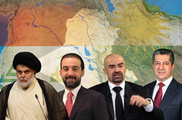 Iraqi politicians Muqtada al-Sadr, Mohammed al-Halbousi, Bafel Talabani, and Masrour Barzani.