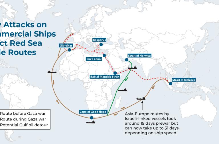 Map showing alternate shipping routes caused by the Gaza war.