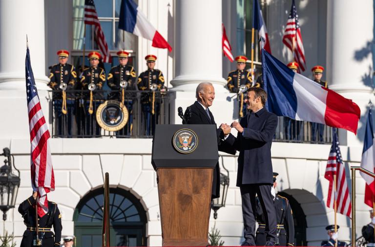 U.S. President Joe Biden greets French President Emmanuel Macron at the White House in December, 2022 - source: White House
