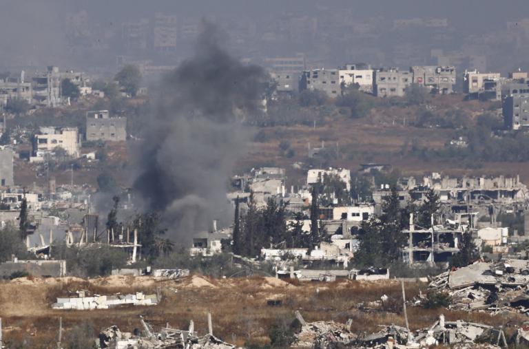 Smoke from an explosion across the Israeli border in Gaza, May 2025.