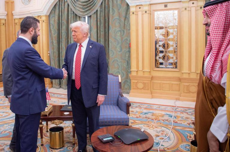 Syria's acting president Sharaa greets U.S. President Trump in Riyadh in May 2025 - source: Reuters