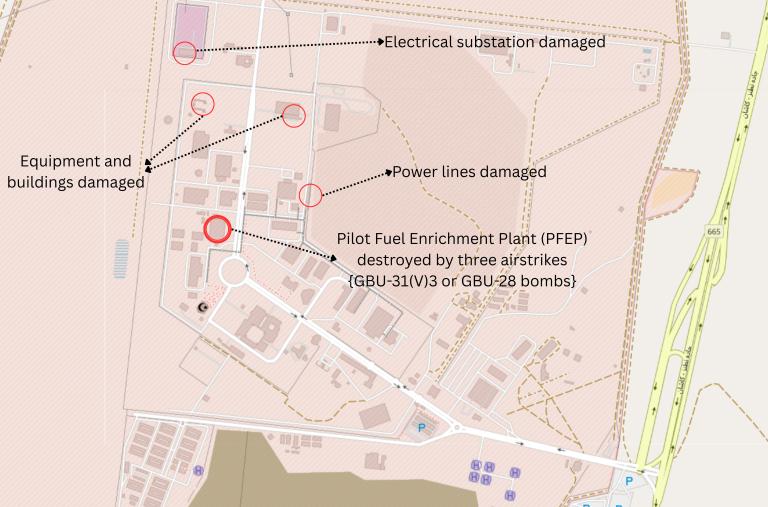 Map of Iran's Natanz nuclear facility after Israeli military strikes.