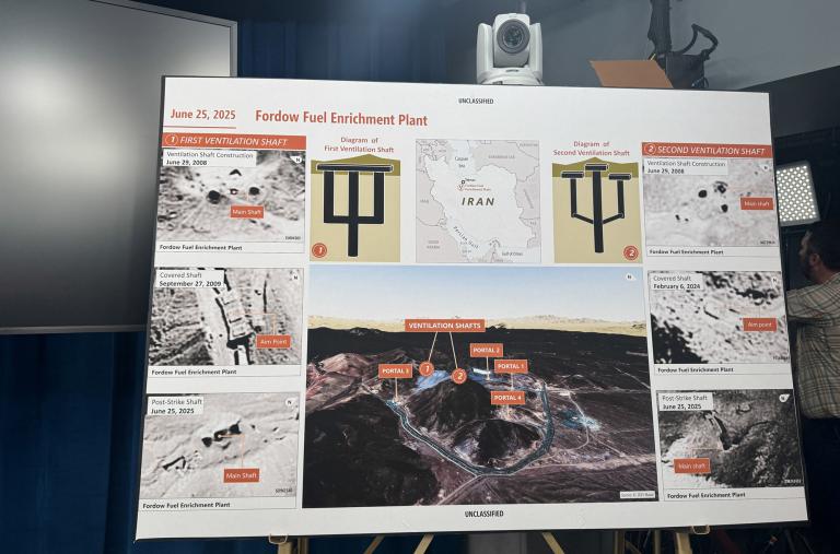 A poster at a Pentagon briefing depicts the U.S. bombing attack on Iran's Fordow uranium enrichment facility in July 2025 - source: Reuters