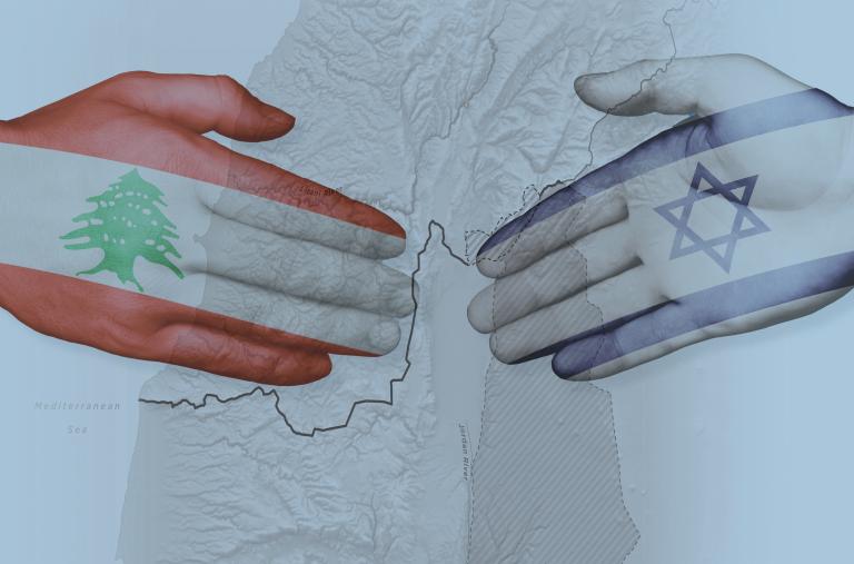 Flags of Israel and Lebanon painted on hands outstretched to each other, overlaying map of Israel-Lebanon border and beyond. 
