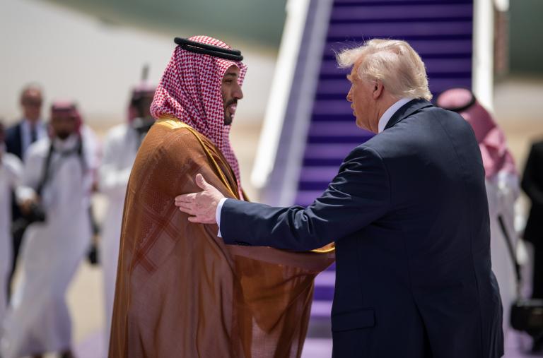 President Trump shakes hands with Saudi Crown Prince Mohammed bin Salman as he prepares to depart from Riyadh in May 2025 - source: The White House