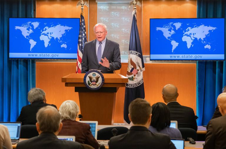 U.S. Syria envoy Ambassador James Jeffrey speaks to reporters at the State Department in Washington, DC, in 2020 - source: Reuters