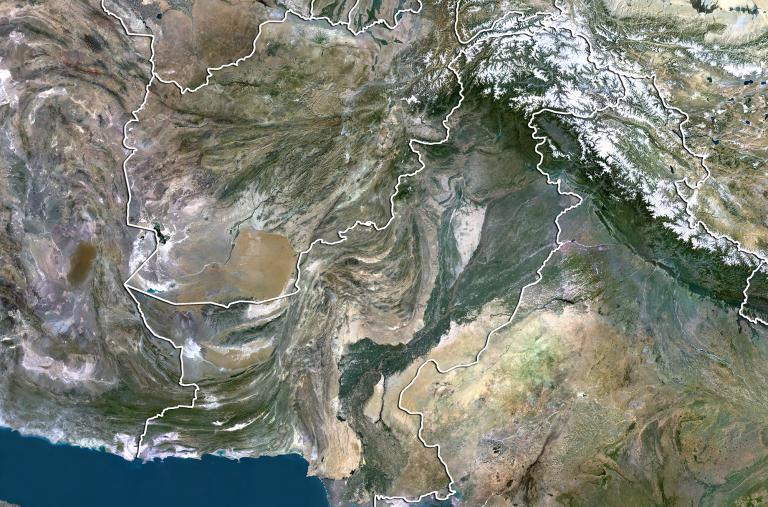 A satellite map with political borders overlaid shows Afghanistan, Iran, and Pakistan - source: Reuters