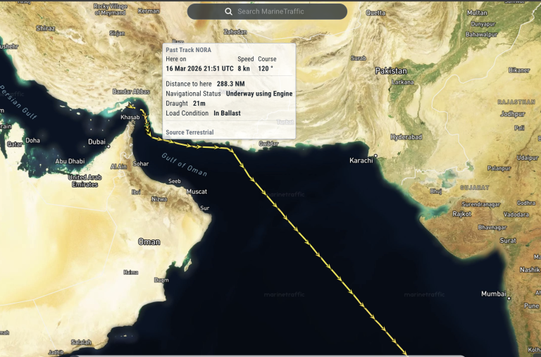 Tracking map for the oil tanker Nora.
