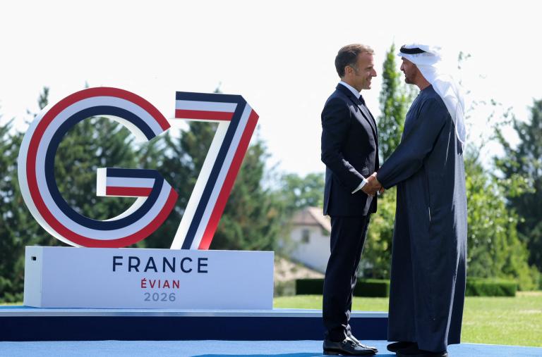 France's President Macron greets the UAE's President Mohamed bin Zayed at the 2026 G-7 summit - source: Reuters