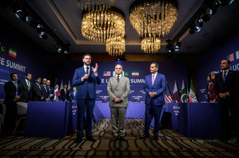 U.S. Vice President JD Vance speaks next to Pakistan's Prime Minister Shehbaz Sharif and Qatar's Prime Minister Sheikh Mohammed bin Abdulrahman bin Jassim Al-Thani at the start of a quadrilateral meeting between the United States, Iran, Pakistan and Qatar at the Burgenstock luxury hotel complex overlooking Lake Lucerne, Switzerland - source: Reuters