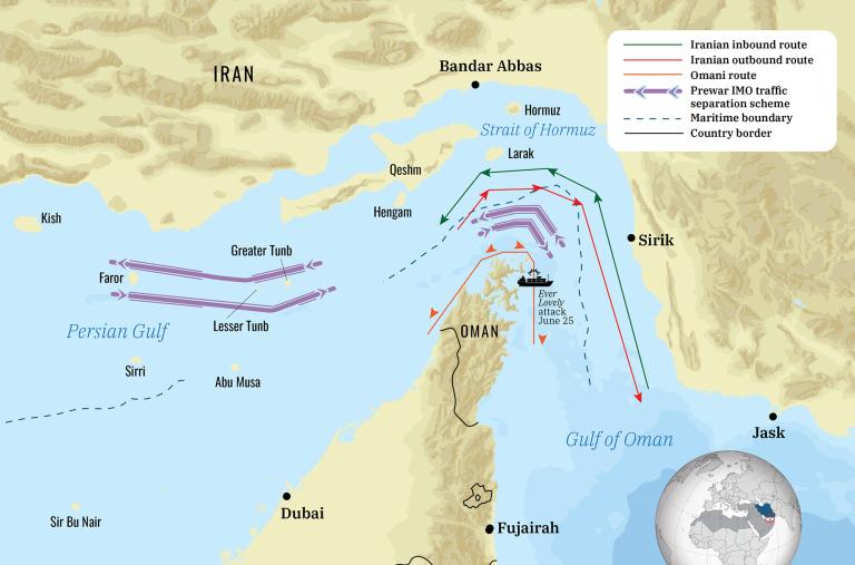 Screenshot of a map showing shipping routes through the Strait of Hormuz.