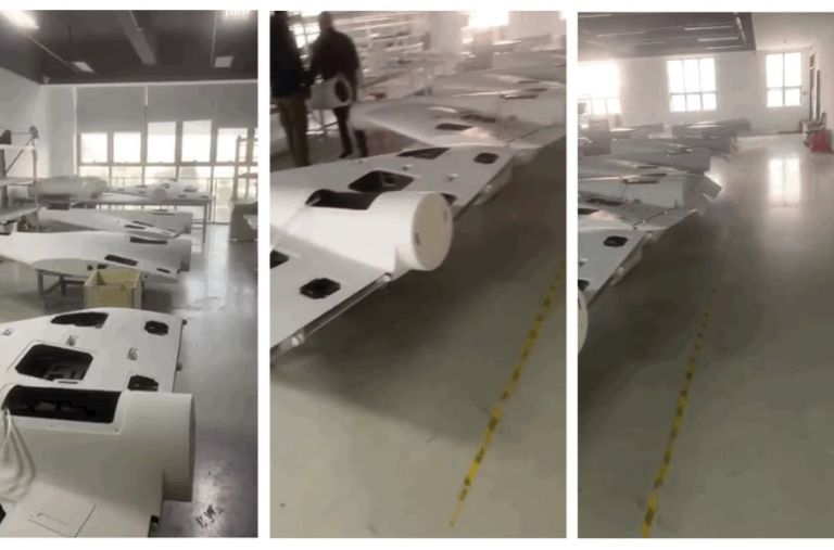 Screen grab showing an Iranian warehouse where Shahed-136 drone airframes are being assembled.
