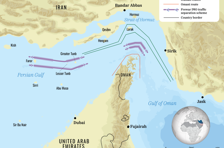 Map showing Iranian, Omani, and international shipping routes in the Strait of Hormuz.