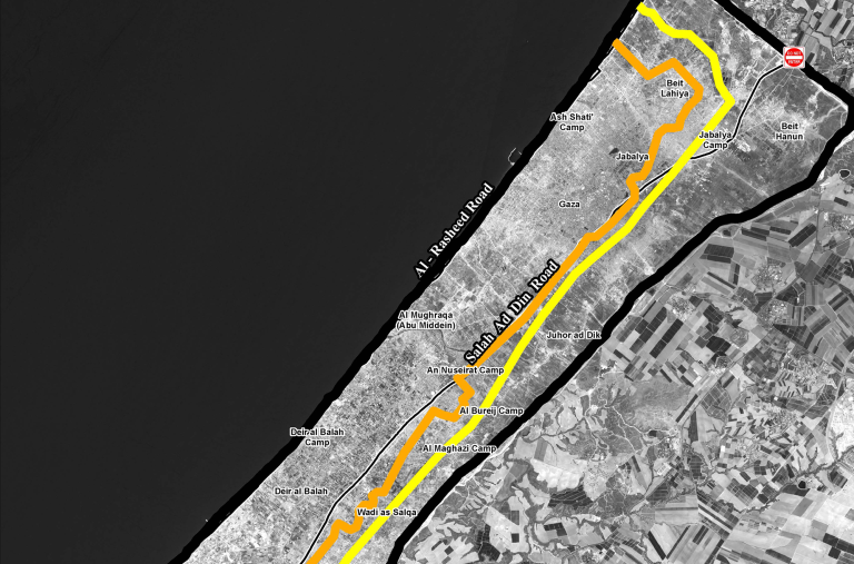 Excerpt of map showing the postwar Orange and Yellow lines in Gaza.