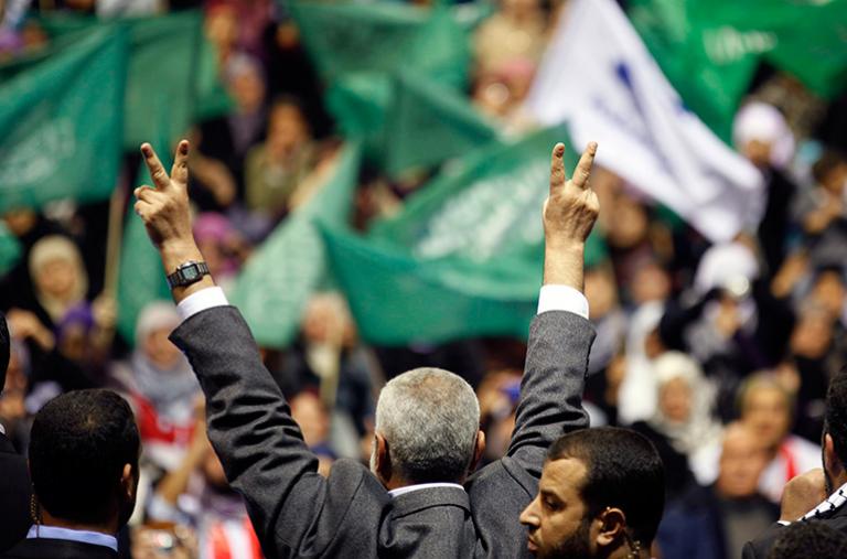 Hamas leader Ismail Haniyeh gestures to supporters
