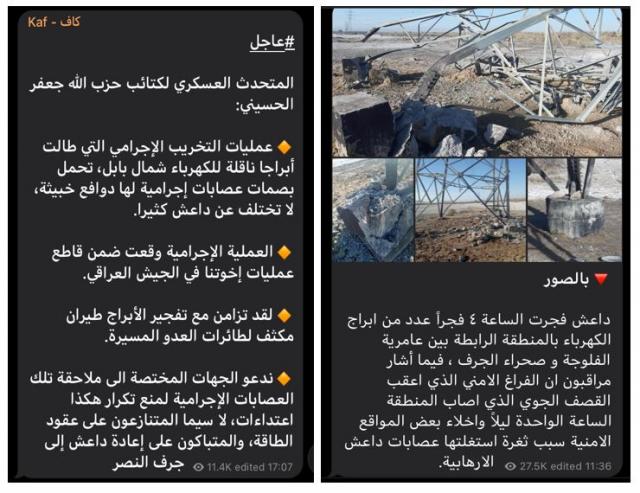 Left:  KH-affiliated Kaf posting, January 20, 2021. Right: Announcement on January 20 of a pylon attack to the west of Jurf, Telegram, January 20, 2021. 