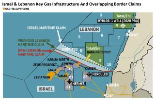 MEES map showing Israeli and Lebanese maritime border claims in the East Mediterranean.