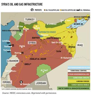 Map showing Syrian oil and gas infrastructure, as well as areas of control asserted by various actors.