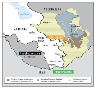 Map showing various territorial disputes and issues involving Armenia, Azerbaijan, and Iran.