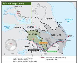 Map showing various transport corridors in Armenia, Azerbaijan, and Iran.