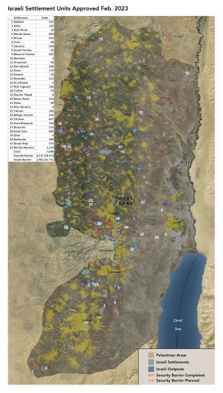Map showing Israeli settlement approvals in Feb. 2023.