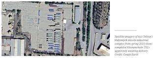 Satellite imagery of Hakimiyeh military complex in Tehran, with transporter erector launchers apparently awaiting transport.