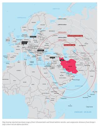 Map showing Iran missile ranges, Western missile defense facilities.