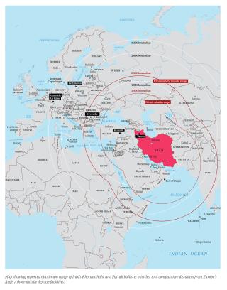 الجيل القادم من الصواريخ الباليستية الإيرانية: التقدم التقني والأهداف الاستراتيجية والردود المحتملة من الغرب MapWithIranMissileRanges