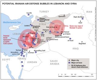 Map showing potential Iranian air defense bubbles in Syria and Lebanon.