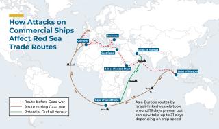 Map showing alternate shipping routes caused by the Gaza war.