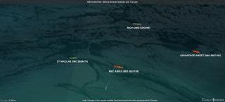 Satellite image from Sentinel Hub showing the four vessels held in Iranian waters, as of April 22, 2024.