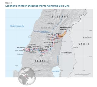 Map of Lebanon's thirteen disputed points along the Blue Line border demarcation with Israel.