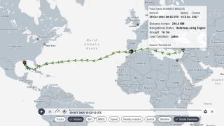 Map showing the route of the oil tanker Seaways Brazos.