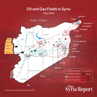Map showing oil and gas sites in Syria as of May 2026.