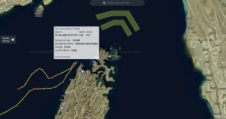 Map showing the route of the tanker Omega Trader in the Strait of Hormuz.