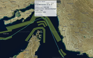 Map showing the route of the tanker Al Areesh in July 2026.