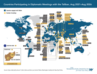 Map illustrating which countries have engaged with the Taliban and how often.