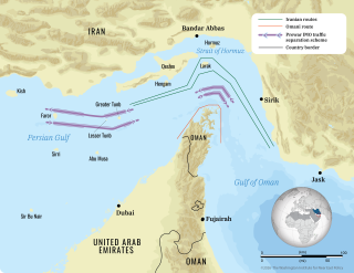 Map showing Iranian, Omani, and international shipping routes in the Strait of Hormuz.