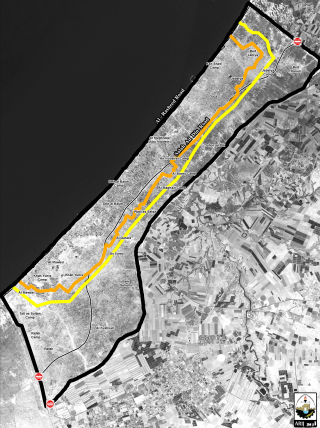 Map showing the postwar "Orange" and "Yellow" lines in Gaza.