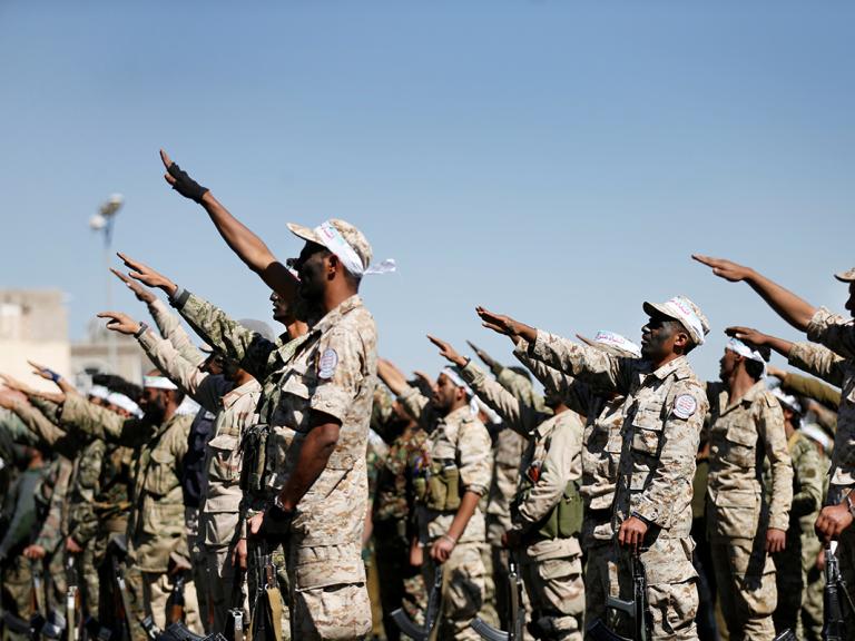 Houthi fighters rally in Sanaa, Yemen