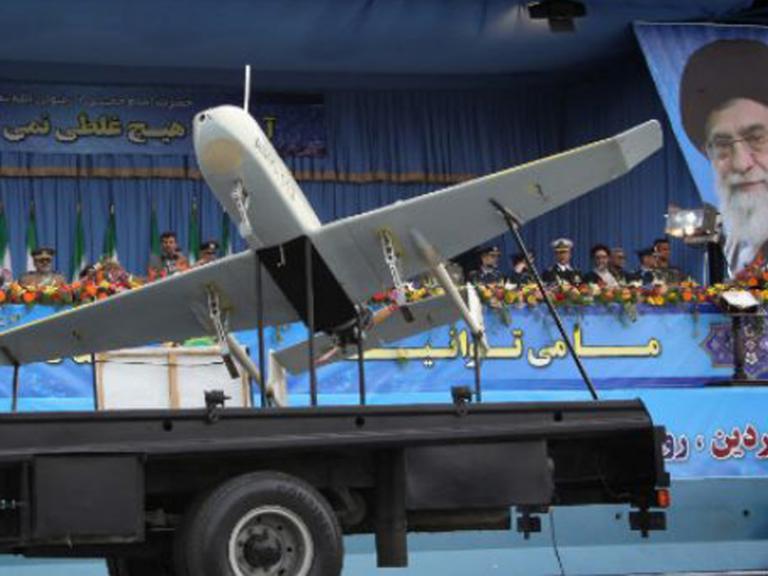 Photo of a Shahed drone in an Iranian military parade near imagery of Supreme Leader Khamenei..