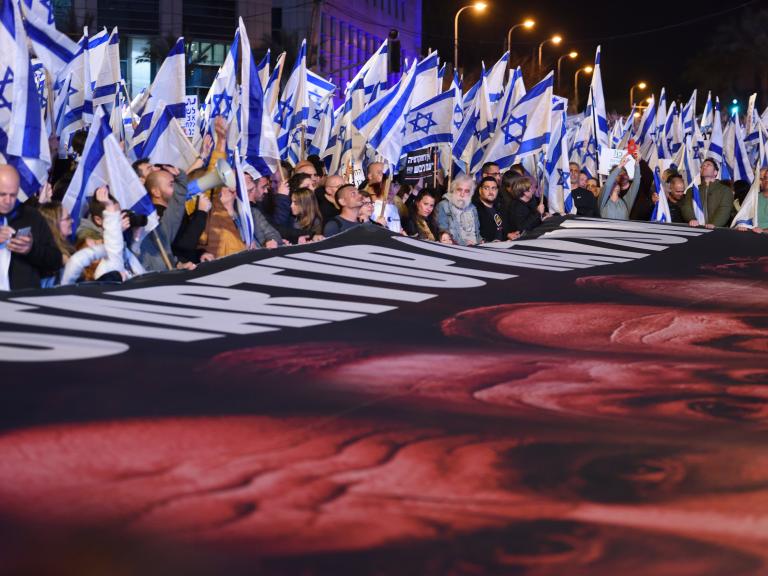 Photo of Israelis in Tel Aviv protesting proposed judiciary changes, February 2023. 